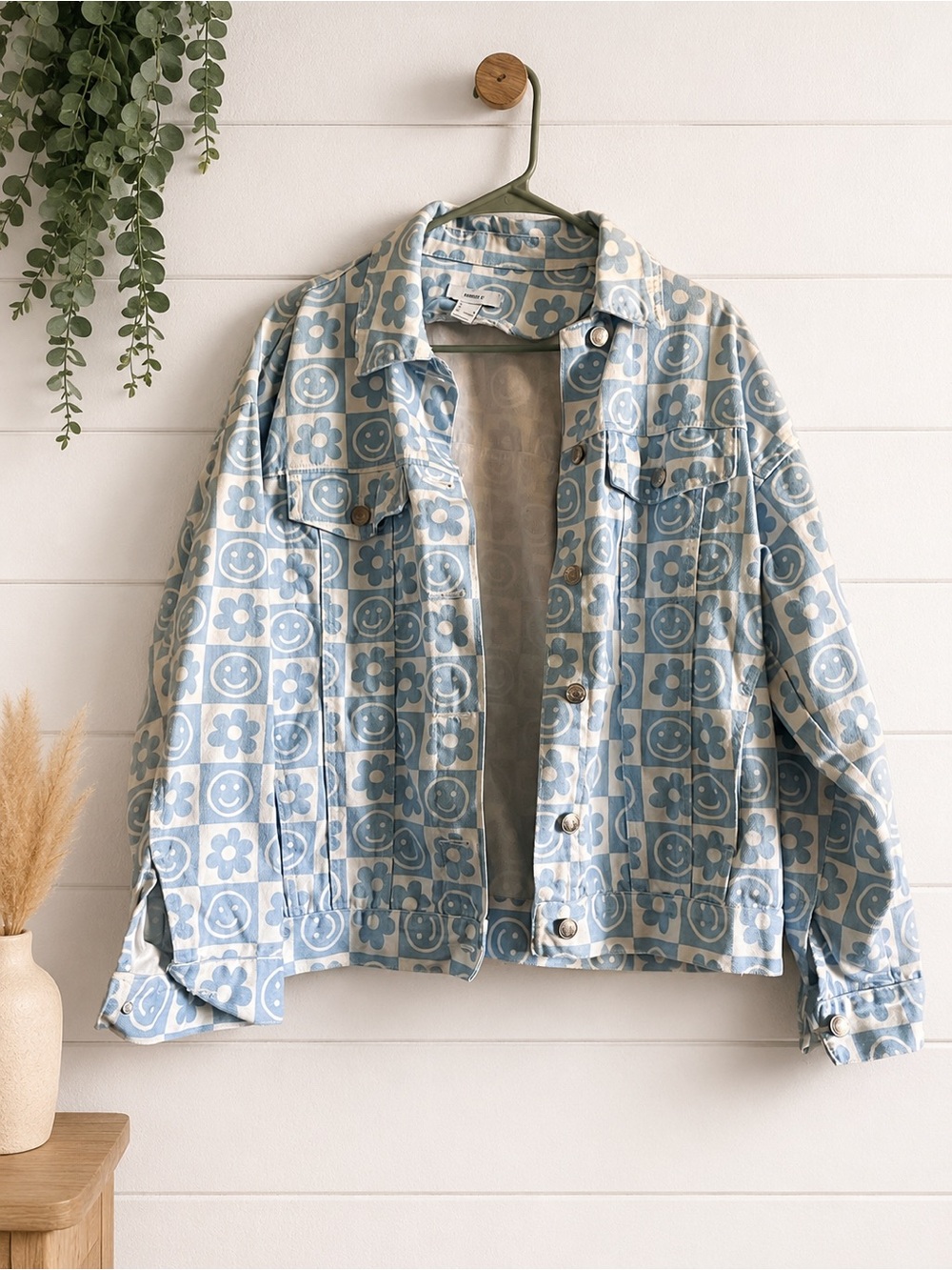 Forever 21 Blue & White Smiley Face Daisy Checkered Denim Jacket Size Small
